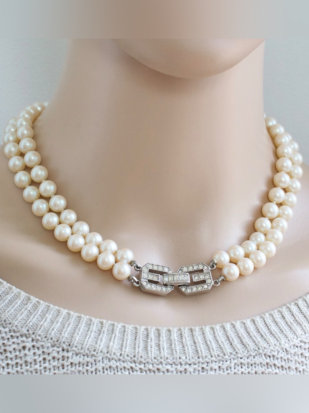 Vintage 1970s Givenchy Faux Pearl Double Strand Necklace with Rhinestone G Clasp
